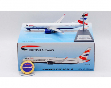 British Airways B737 MAX8 w/stand and coin ZS-ZCB 1:200 Scale Inflight ARDBA42