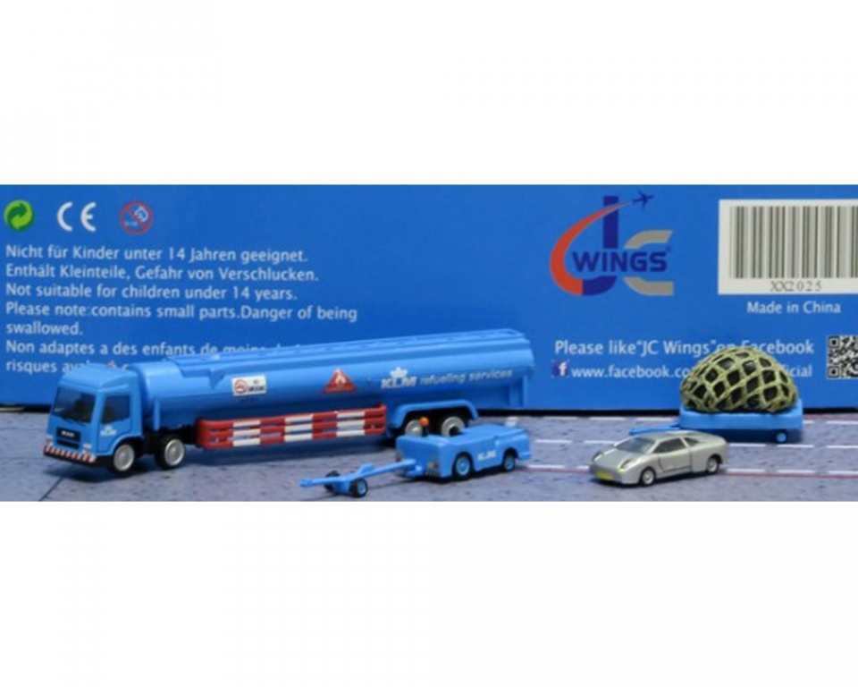 KLM GSE Set #5 Fuel Truck, Tug w/tow bar, Cargo dolly, car 1:200 JC Wings  JC2KLM025